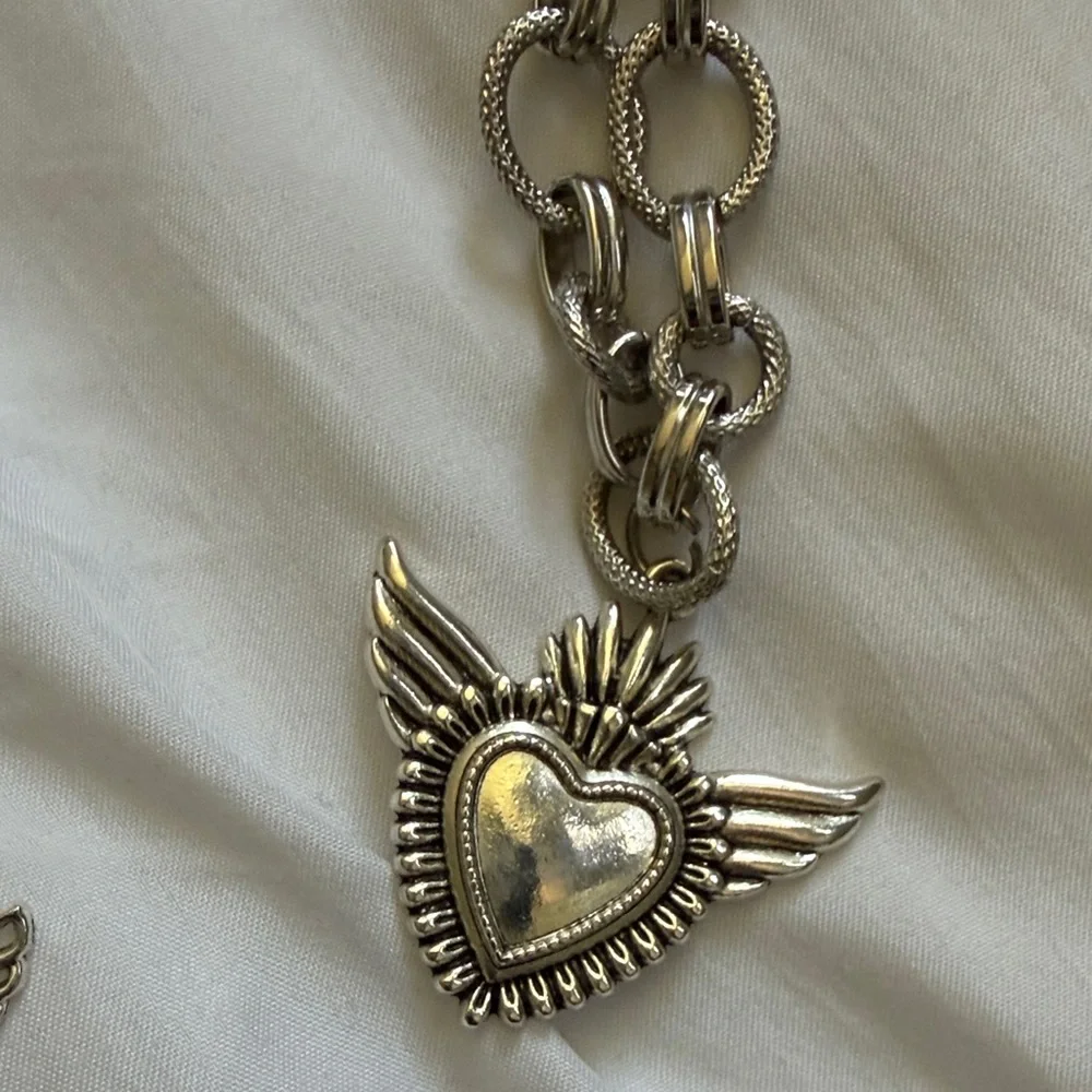 Layered Silver Angel & Heart Necklace with Black Bead Accents